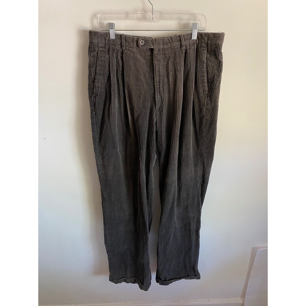 Gary Peters Mens Gray Wide Wale Corduroy Pleated Pants Cuffed 36x32 Cotton